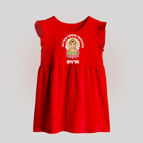 My First Cute Ganesha Festive Joy Illustration Printed Baby Frock - RED - 0 - 3 Months Old (Chest 17")