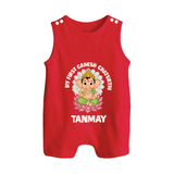 My First Cute Ganesha Festive Joy Illustration Printed Button Romper - RED - New Born (Chest 18")