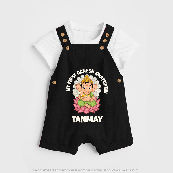 My First Cute Ganesha Festive Joy Illustration Printed Dungaree - BLACK - 0 - 5 Months Old (Chest 18")