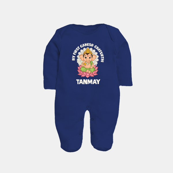 My First Cute Ganesha Festive Joy Illustration Printed Fullbody Suit - NAVY BLUE - New Born (Chest 7.5")