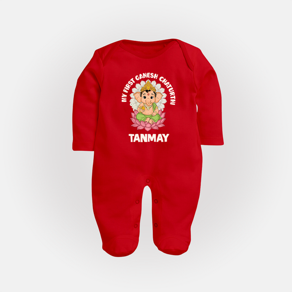 My First Cute Ganesha Festive Joy Illustration Printed Fullbody Suit - RED - New Born (Chest 7.5")