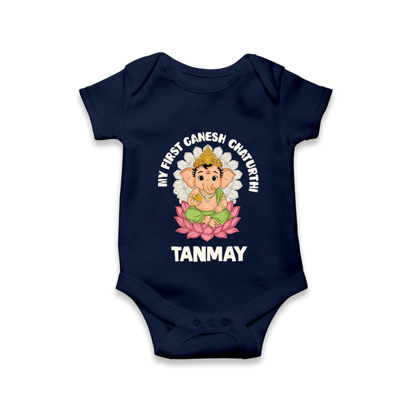 My First Cute Ganesha Festive Joy Illustration Printed Romper - NAVY BLUE - New Born (Chest 14")