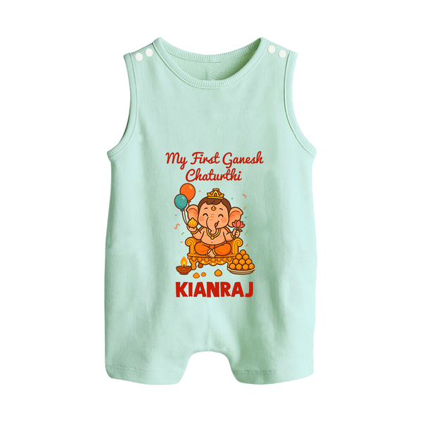 My First Little Ganesha Lotus Blessings Printed Button Romper - MINT GREEN - New Born (Chest 18")