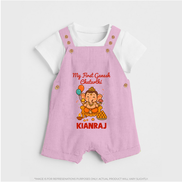 My First Little Ganesha Lotus Blessings Printed Dungaree - BABY PINK - 0 - 5 Months Old (Chest 18")