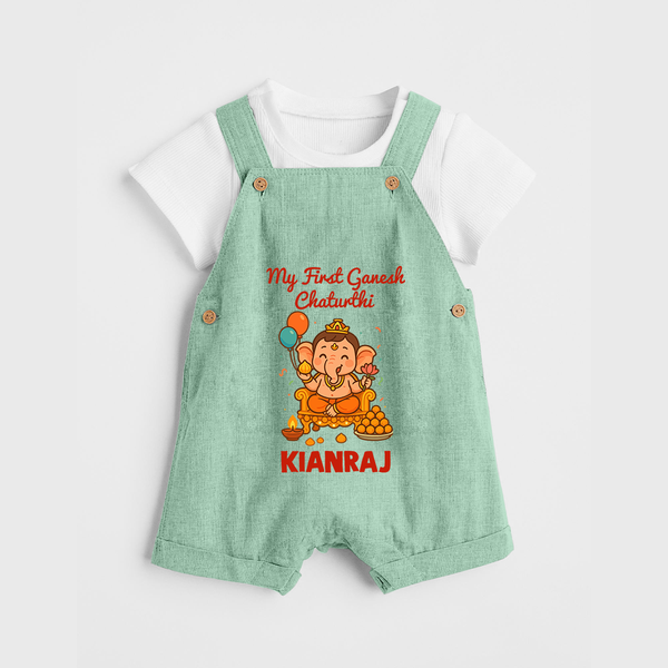 My First Little Ganesha Lotus Blessings Printed Dungaree - MINT GREEN - 0 - 5 Months Old (Chest 18")