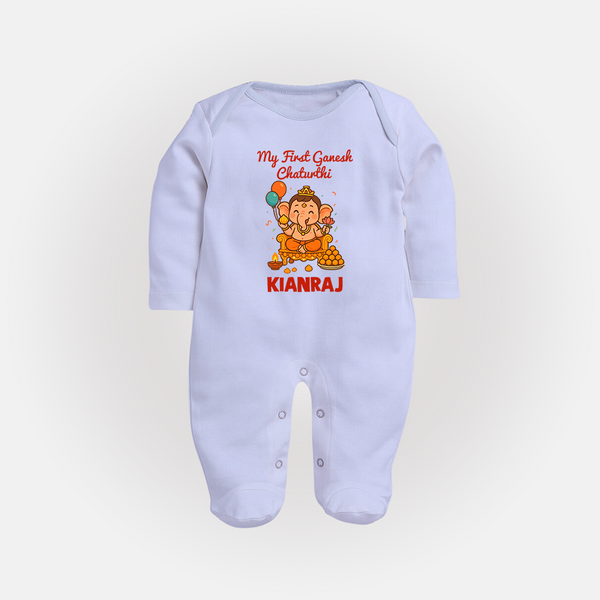 My First Little Ganesha Lotus Blessings Printed Fullbody Suit - BABY BLUE - New Born (Chest 7.5")