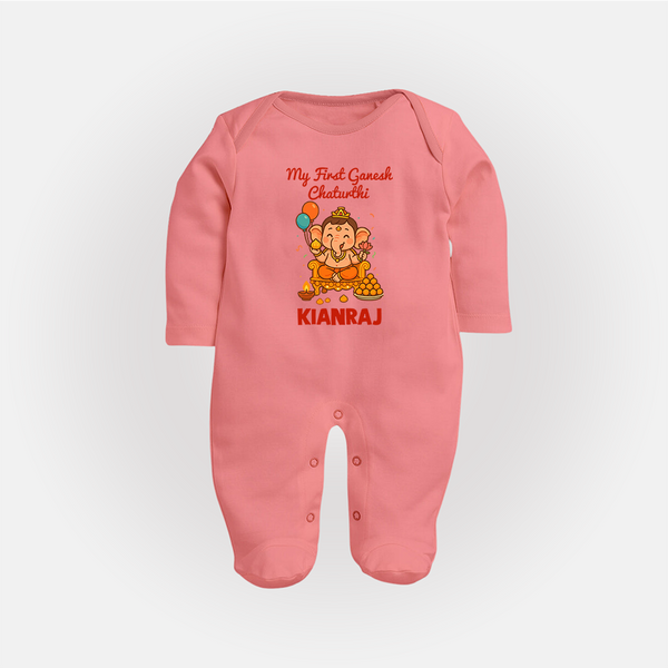 My First Little Ganesha Lotus Blessings Printed Fullbody Suit - PEACH - New Born (Chest 7.5")