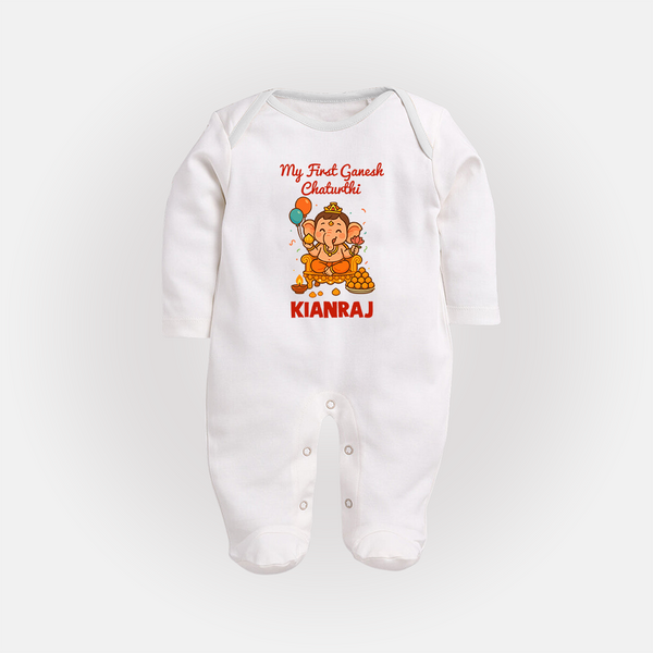 My First Little Ganesha Lotus Blessings Printed Fullbody Suit - WHITE - New Born (Chest 7.5")