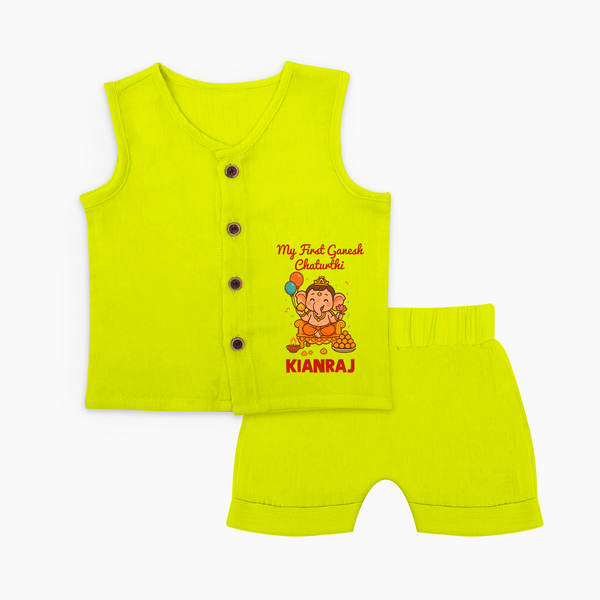 My First Little Ganesha Lotus Blessings Printed Jabla Set - LIME GREEN - 0 - 3 Months Old (Chest 9.8")