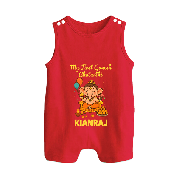 My First Little Ganesha Lotus Blessings Printed Button Romper - RED - New Born (Chest 18")
