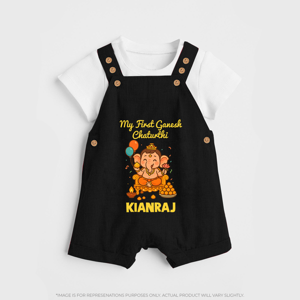 My First Little Ganesha Lotus Blessings Printed Dungaree - BLACK - 0 - 5 Months Old (Chest 18")