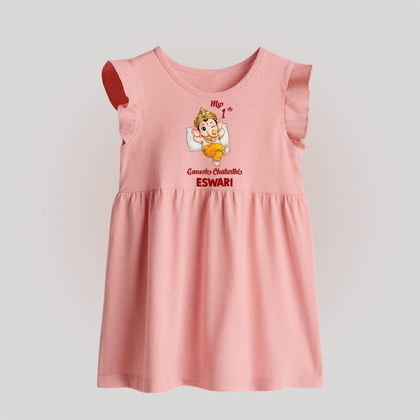 My First Ganesha Festival Celebration Illustration Printed Baby Frock - BABY PINK - 0 - 3 Months Old (Chest 17")