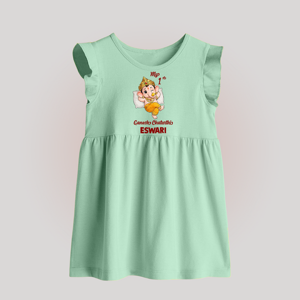 My First Ganesha Festival Celebration Illustration Printed Baby Frock - MINT GREEN - 0 - 3 Months Old (Chest 17")