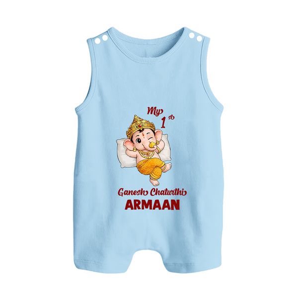 My First Ganesha Festival Celebration Illustration Printed Button Romper - BABY BLUE - New Born (Chest 18")