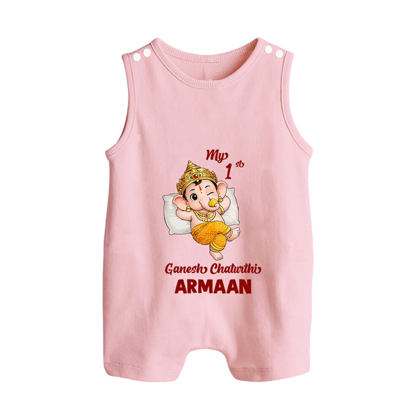 My First Ganesha Festival Celebration Illustration Printed Button Romper - BABY PINK - New Born (Chest 18")