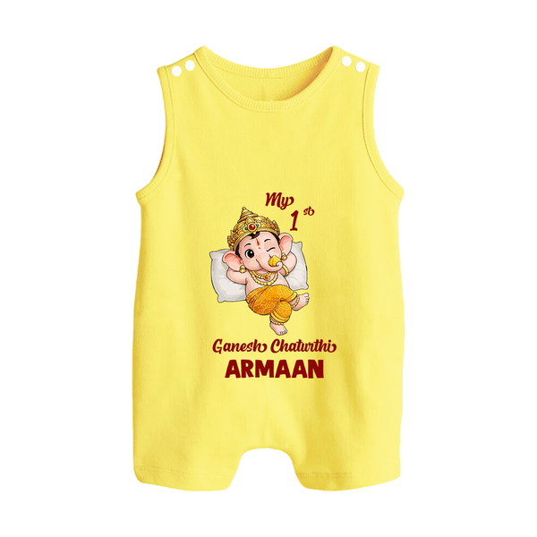 My First Ganesha Festival Celebration Illustration Printed Button Romper - PASTEL YELLOW - New Born (Chest 18")