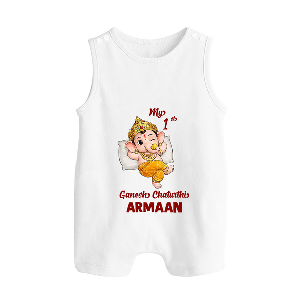 My First Ganesha Festival Celebration Illustration Printed Button Romper - WHITE - New Born (Chest 18")