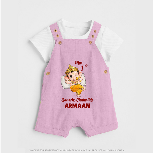 My First Ganesha Festival Celebration Illustration Printed Dungaree - BABY PINK - 0 - 5 Months Old (Chest 18")