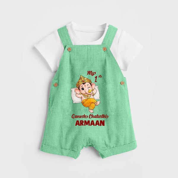 My First Ganesha Festival Celebration Illustration Printed Dungaree - GREEN - 0 - 5 Months Old (Chest 18")