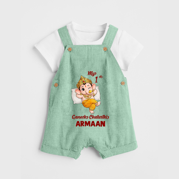 My First Ganesha Festival Celebration Illustration Printed Dungaree - MINT GREEN - 0 - 5 Months Old (Chest 18")