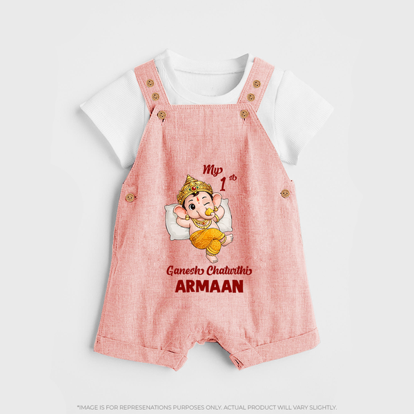 My First Ganesha Festival Celebration Illustration Printed Dungaree - PEACH - 0 - 5 Months Old (Chest 18")