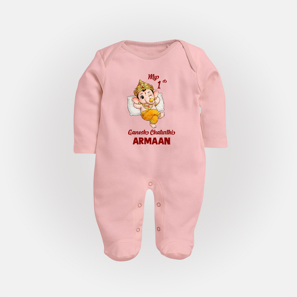 My First Ganesha Festival Celebration Illustration Printed Fullbody Suit - BABY PINK - New Born (Chest 7.5")