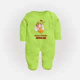 My First Ganesha Festival Celebration Illustration Printed Fullbody Suit - LIME GREEN - New Born (Chest 7.5")
