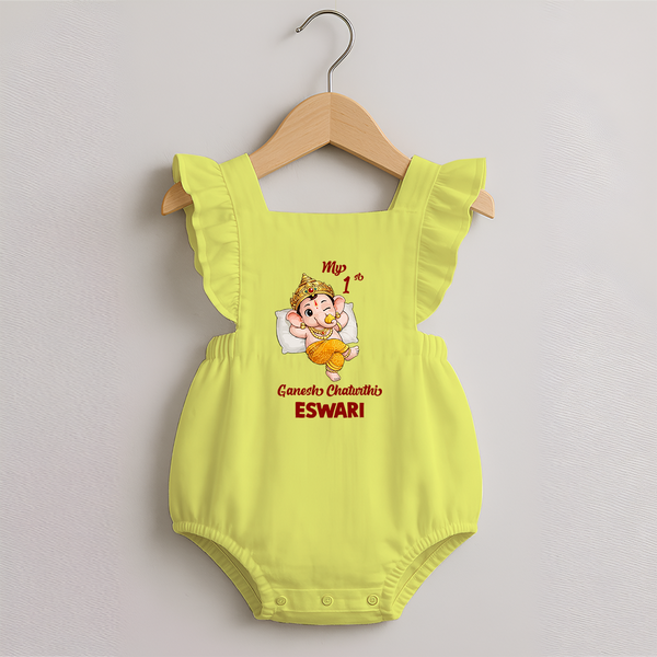 My First Ganesha Festival Celebration Illustration Printed Romper Frock - PASTEL YELLOW - 0 - 3 Months Old (Chest 19")