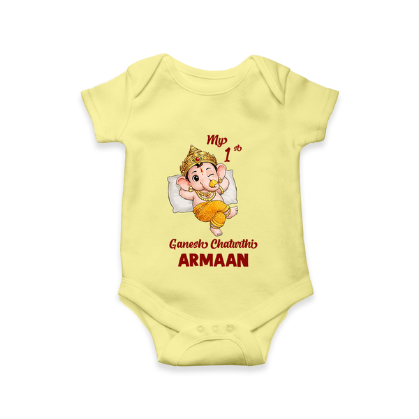 My First Ganesha Festival Celebration Illustration Printed Romper - PASTEL YELLOW - New Born (Chest 14")