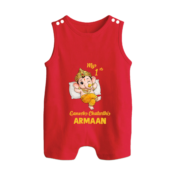 My First Ganesha Festival Celebration Illustration Printed Button Romper - RED - New Born (Chest 18")