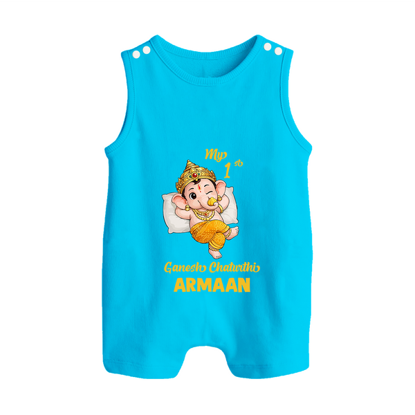 My First Ganesha Festival Celebration Illustration Printed Button Romper - SKY BLUE - New Born (Chest 18")