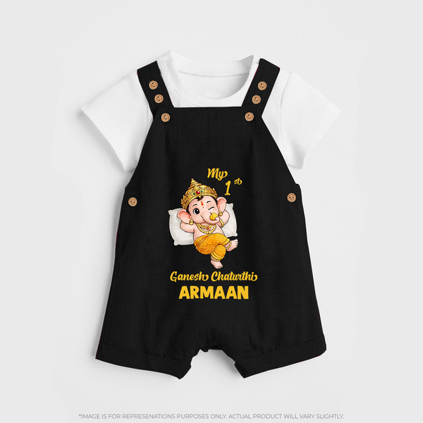 My First Ganesha Festival Celebration Illustration Printed Dungaree - BLACK - 0 - 5 Months Old (Chest 18")