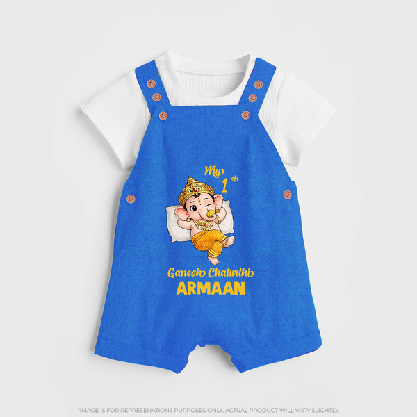 My First Ganesha Festival Celebration Illustration Printed Dungaree - COBALT BLUE - 0 - 5 Months Old (Chest 18")