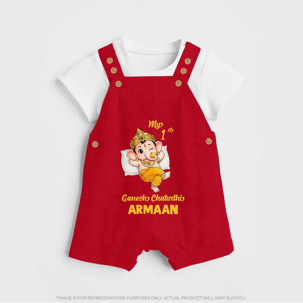 My First Ganesha Festival Celebration Illustration Printed Dungaree - RED - 0 - 5 Months Old (Chest 18")
