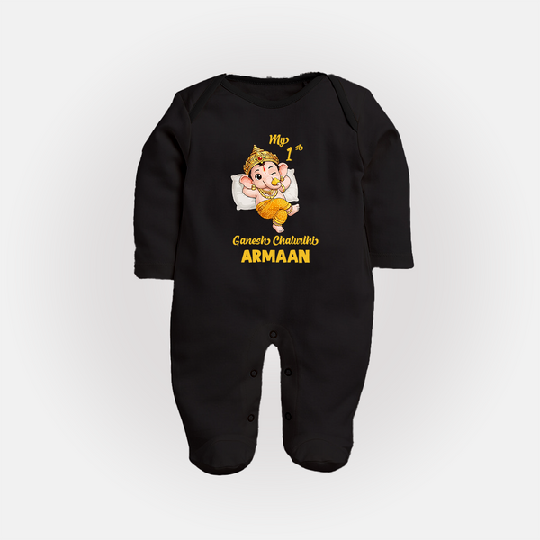 My First Ganesha Festival Celebration Illustration Printed Fullbody Suit - BLACK - New Born (Chest 7.5")