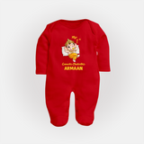 My First Ganesha Festival Celebration Illustration Printed Fullbody Suit - RED - New Born (Chest 7.5")