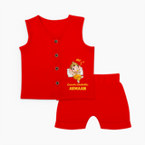 My First Ganesha Festival Celebration Illustration Printed Jabla Set - RED - 0 - 3 Months Old (Chest 9.8")