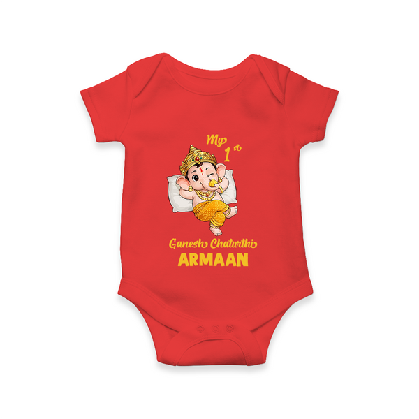 My First Ganesha Festival Celebration Illustration Printed Romper - RED - New Born (Chest 14")