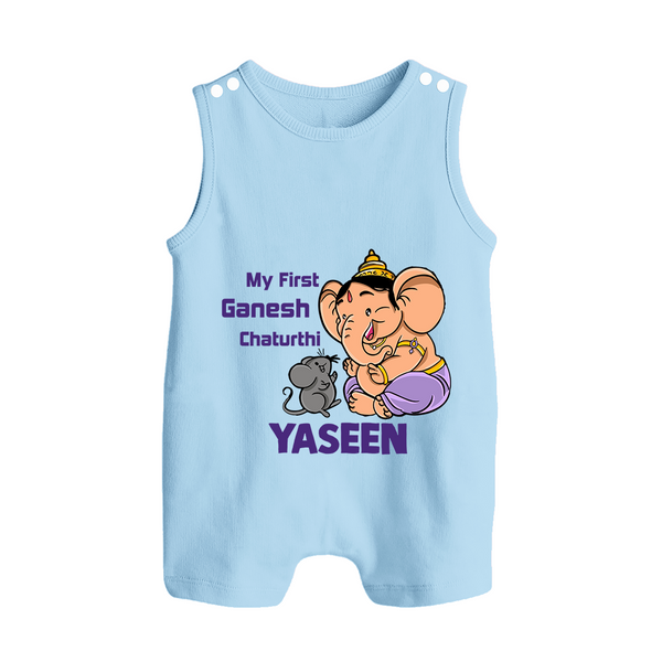 My First Baby Ganesha Sweet Blessings Printed Button Romper - BABY BLUE - New Born (Chest 18")