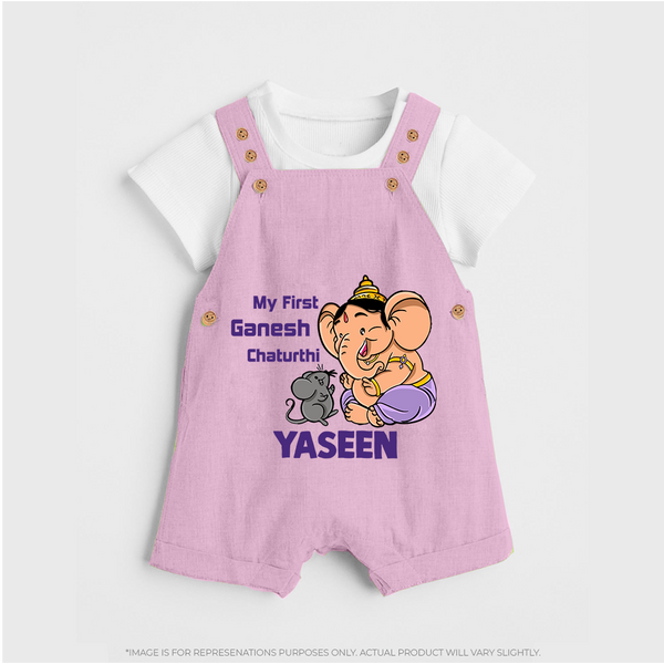 My First Baby Ganesha Sweet Blessings Printed Dungaree - BABY PINK - 0 - 5 Months Old (Chest 18")