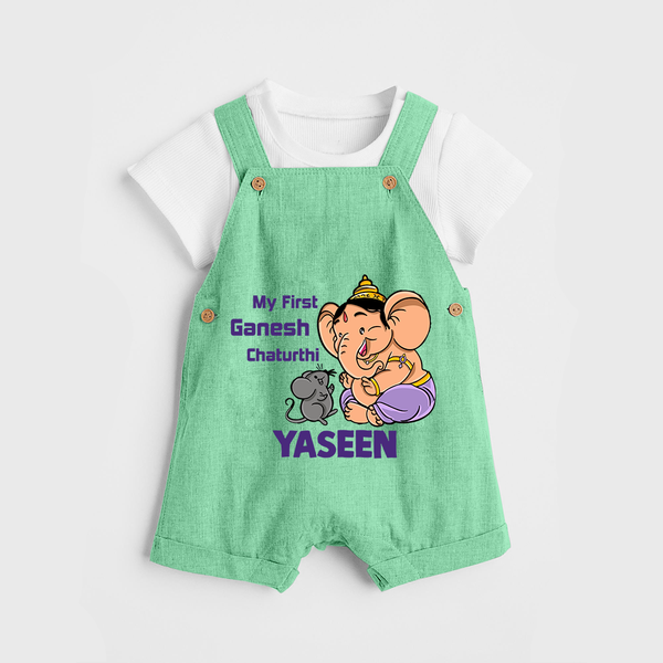 My First Baby Ganesha Sweet Blessings Printed Dungaree - GREEN - 0 - 5 Months Old (Chest 18")