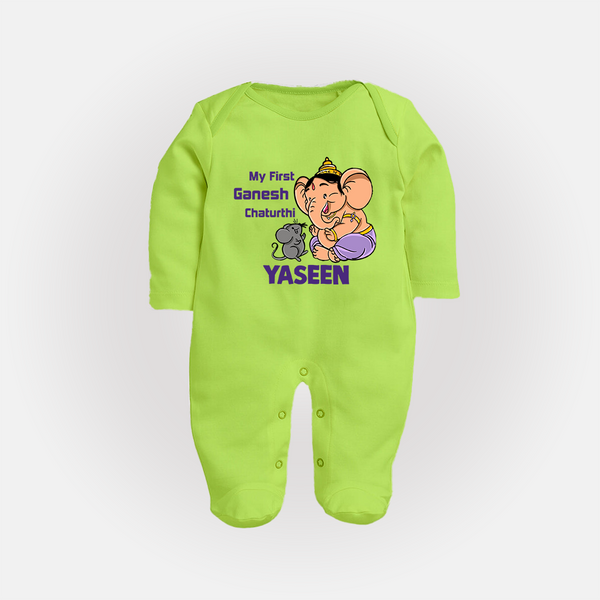 My First Baby Ganesha Sweet Blessings Printed Fullbody Suit - LIME GREEN - New Born (Chest 7.5")