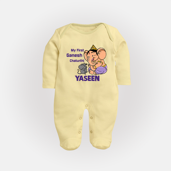 My First Baby Ganesha Sweet Blessings Printed Fullbody Suit - PASTEL YELLOW - New Born (Chest 7.5")