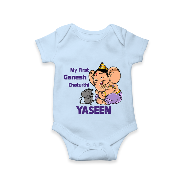 My First Baby Ganesha Sweet Blessings Printed Romper - BABY BLUE - New Born (Chest 14")