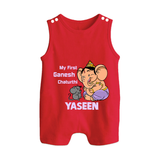 My First Baby Ganesha Sweet Blessings Printed Button Romper - RED - New Born (Chest 18")