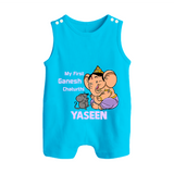My First Baby Ganesha Sweet Blessings Printed Button Romper - SKY BLUE - New Born (Chest 18")