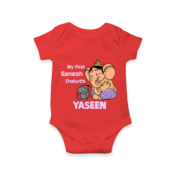 My First Baby Ganesha Sweet Blessings Printed Romper - RED - New Born (Chest 14")