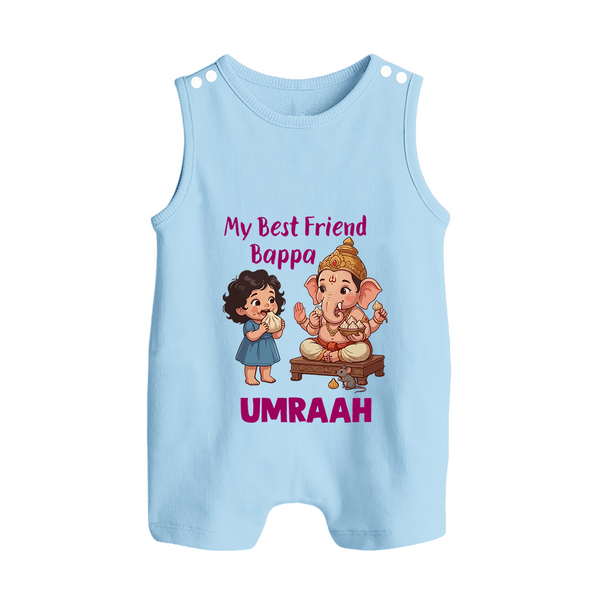My Best Friend Bappa Cute Ganesha Printed Button Romper - BABY BLUE - New Born (Chest 18")