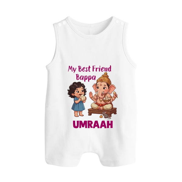 My Best Friend Bappa Cute Ganesha Printed Button Romper - WHITE - New Born (Chest 18")