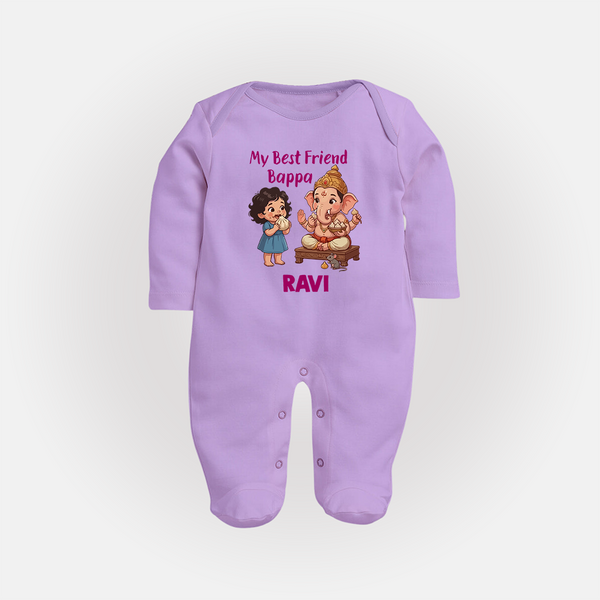 My Best Friend Bappa Cute Ganesha Printed Fullbody Suit - LILAC - New Born (Chest 7.5")